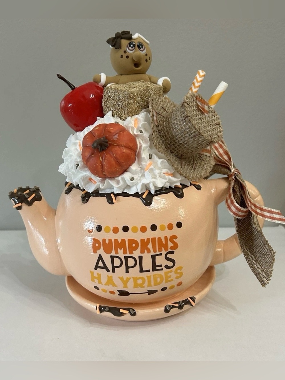Fake Gingerbread Peach Ceramic Autumn Teapot Decor with Pumpkin & Apple Accents
